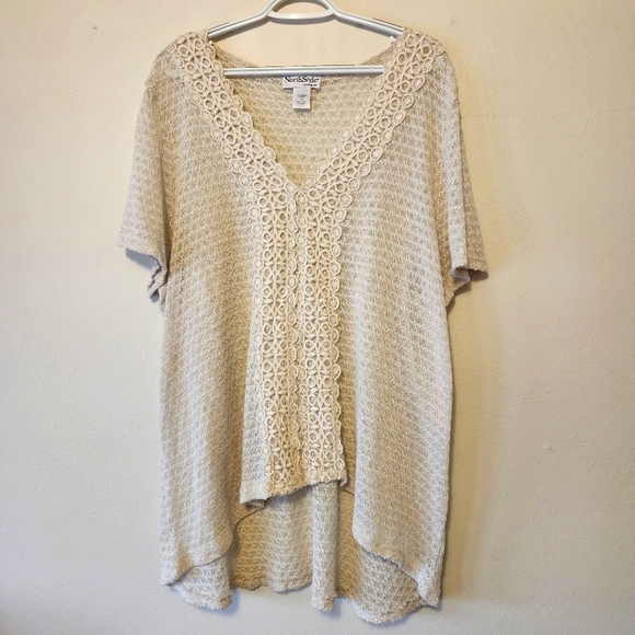 NORTH STYLE Cream Beige Crochet Hi Low Vneck Shortsleeve Boho See through 1X Top - Picture 1 of 11